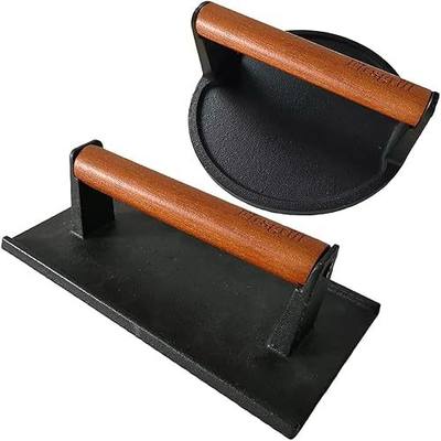 Firsgrill Burger Press 6.6" Round Heavy-Duty Cast Iron Smash Meat Steak with Wood Handle for Blackstone Weber Treager Griddle Grills (YPX) (Flate 6.5" Round & 4.3X8.3 Rectangle)