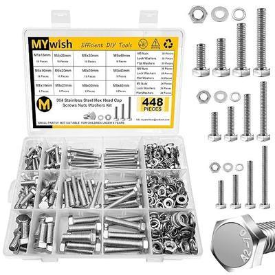 Mywish 448PCS M5 M6 M8 Screw Set, Metric Bolt Assortment, 304 Stainless Steel, Nuts and Bolts Set Flat & Spring Washers, Hex Head Cap Screws Bolts and Nuts Kit, Fully Thread