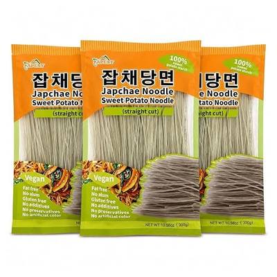 APEXY Sweet Potato Glass Noodles Straight Cut, Japchae Noodles, Korean Vermicelli Pasta, Fat-free and Gluten-free, 100% Sweet Potato Starch, No Additive, No Alum inside, 10.58oz Pack of 3