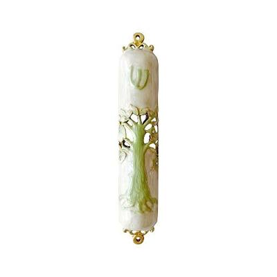 Hand-Painted Mezuzah, 9.5 Inches Large Mezuzah with Exquisite Enamel Design, Pomegranate Flower, and Scroll Included, for Jewish Occasions (White)