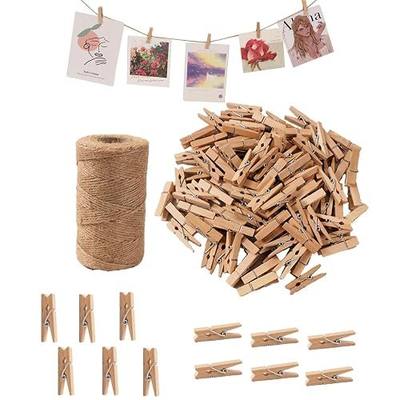 Small Clothes Pins for Photos,100PCS Mini Wooden Clothes Pins with 328 Feet Jute Twine,1.4 inch Tiny Clothes Pins for Photos,Crafts,Hanging Pictures,Baby Shower,Clip Photo Holders