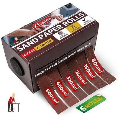 XFasten 6 Grits Sandpaper Assortment Rolls 80 150 240 320 400 600 Grit Abrasive Sand Paper Roll Set Compact Multi Roll Sandpaper Dispenser Sanding Cloth for Wood, Sand Cloth 6m (118 Feet Total)