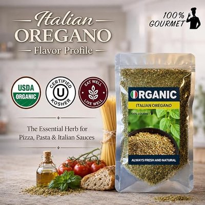 100% Gourmet Organic Italian Oregano Leaves, 5 oz – USDA Organic Dried Oregano for Pizza, Pasta & Mediterranean Recipes – Kosher Certified, Resealable Pouch