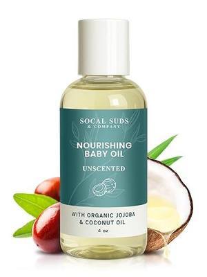 SoCal Suds & Company Natural & Organic Baby Oil - Nourishing Skin with Coconut, Sunflower, Jojoba Oils & Non-GMO Vitamin E - Gentle Oil for Newborns & Kids Delicate Skin, Fragrance-Free, 4oz