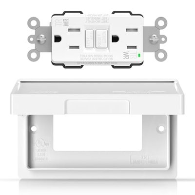 ELEGRP Horizontal Outdoor GFCI Outlet with Cover, Weather Resistant GFCI Receptacle and Wall Plate, 15 Amp Self-Test GFI Outlet, Thinner Design Ground Fault Receptacle, UL Listed, Matte White, 1 Pack