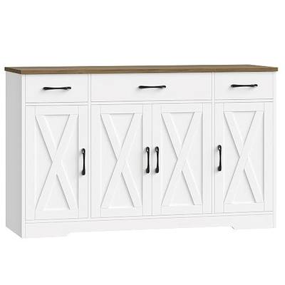 HOSTACK Kitchen Buffet Sideboard Storage Cabinet, Coffee Bar Cabinet, White | 55"W Farmhouse Kitchen Cabinet with Doors and Adjustable Shelves, Buffet Cabinet with 3 Large Drawers for Dining Living Room