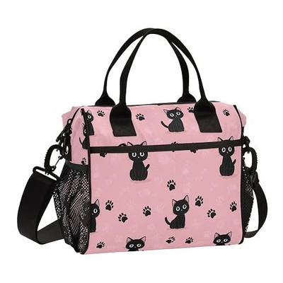 Aslsiy Lunch Bag for Girls Black Cat Cartoons Kids Insulated Lunch Bags Paw Prints Pink Women Tote Bag for Office School M