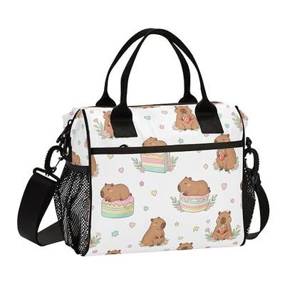 Aslsiy Lunch Bag for Girls Boys Cartoon Capybaras Kids Insulated Lunch Bags Strawberries Flowers Women Tote Bag for Office School M