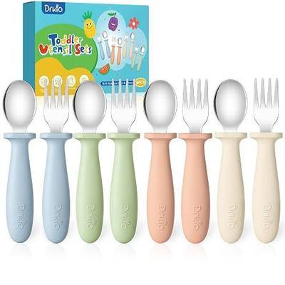 DRKIO 8 Pieces Toddler Utensils Set - Kids Silverware Set with Silicone Handle Children Safe 18/8 Stainless Steel Forks and Spoons Anti-Choke Design Food Grade Dishwasher Safe