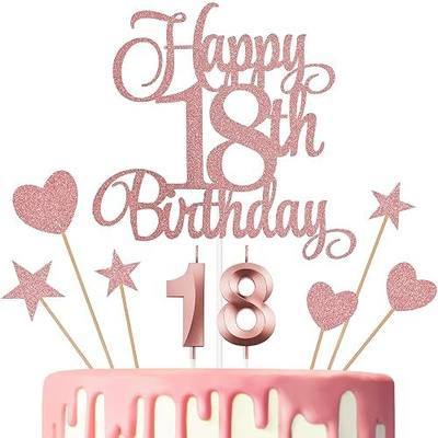 18th Birthday Cake Decorations, 18th Birthday Candles Cake Numeral Candles and Glitter Happy 18th Birthday Cake Toppers Set for Birthday Party Supplies (Rose Gold)