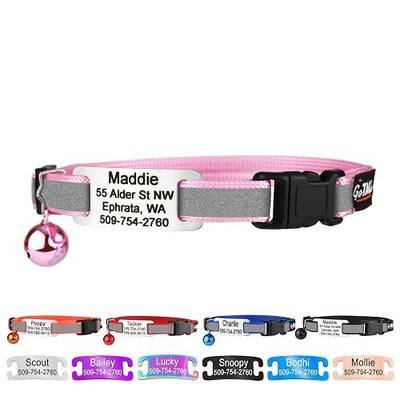 GoTags Personalized Reflective Cat Collars with Tag, Engraved Custom Name | Phone Number, Breakaway Collar with Safety Buckle and Bell, Adjustable for Cats and Kitten, (Pink with Nameplate)
