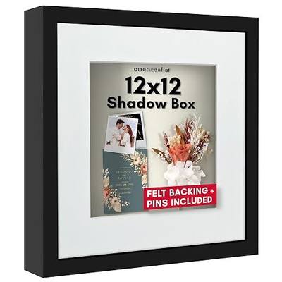 Americanflat 12x12 Shadow Box Frame - Matted to 10x10 - Black | Shatter-resistant glass, 1.5 inch interior depth, displays keepsakes, medals and memorabilia, sawtooth hangers included