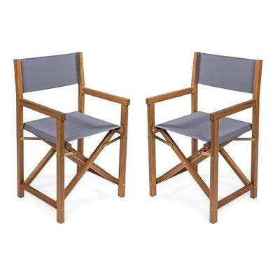 JONATHAN Y Cukor Acacia Wood Folding Director Chair Set of 2, Gray | Outdoor, Weight Capacity 260 Lbs, Teak Brown Finish, Weather-Resistant Textile, For Patio, Deck And Balcony