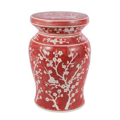 JONATHAN Y Cherry Blossom Ceramic Garden Stool 18" Side Table, Red/White | Plant Stand, Chinoiserie Floral Drum, Indoor Outdoor Patio Living Room, Traditional, Spill-Proof Glaze, Urn-Shaped