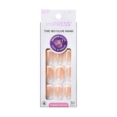 Kiss Impress No Glue Mani Press On Nails, Model, Classic French Manicure Kit, 30 Light Neutral + White Tip, Short Squoval, With IMPROVED Adhesive, Includes Prep Pad, Manicure Stick & Mini File