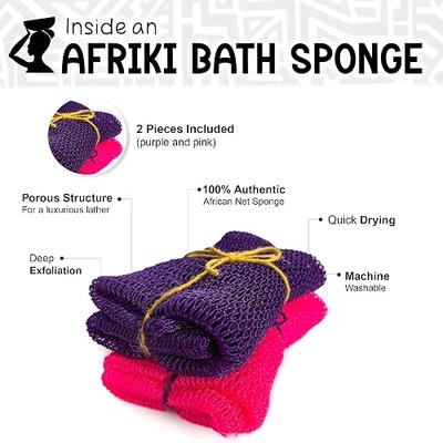 African Net Sponge, Premium Authentic Exfoliating Body Scrubber, Extra Long Stretch Bath Sponge for Shower, Deep Exfoliating Washcloth for Smooth Skin, 2 Pack (Purple & Pink)