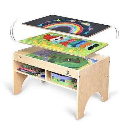 Kids 3-in-1 Wooden Art & Activity Table Playset Furniture with 4 Compartments for Storage, Play Table Compatible with Blocks&Bricks and Train Set for Preschool Toddler Boy & Girl (STD.)