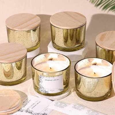 Simeitol 16 OZ Gold Candle Jars for Making Candles 6 Pcs, Glass Candle Jar with Airtight Bamboo Lids - Empty Candle Jars Bulk with Sticky Warning Labels - for Home, Wedding, Christmas Decoration