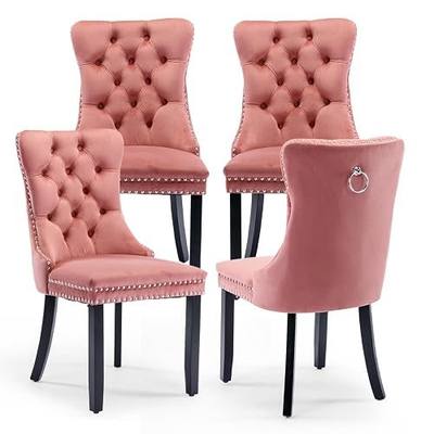Velvet Upholstered Dining Chairs Set of 4, Modern Style Kitchen Side Chairs with Nailhead Trim and Wood Legs,Metal Pulling Ring for Dining Room Living Room(Pink,Set of 4)