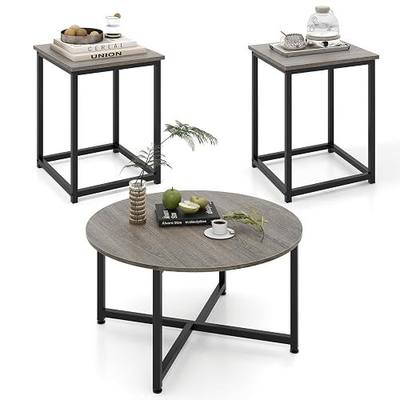 Giantex Round Nesting Table Set of 3, Farmhouse Coffee Table w/2 End Tables, Sturdy Metal Frame, 3-Piece Wooden Living Room Table Set for Home Office, Apartment (Black Oak)