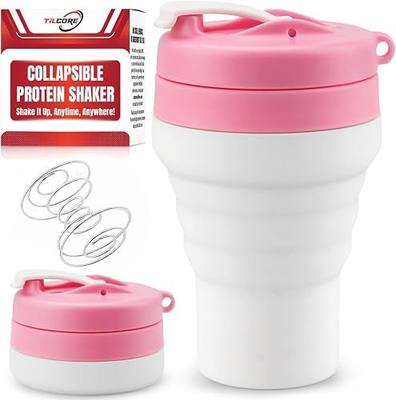 Protein Shaker Bottle Pink Collapsible - Food-Grade, Leakproof Lid 600mL 20oz Pink Shaker - Reusable Silicone Shaker Cups for Protein Shakes