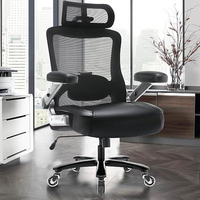 600lbs Big and Tall Office Chair, Heavy Duty Executive Computer Desk Chair | 3D Flip Arms, Large Wheels, Ergonomic Design, Extra Wide Seat, Adjustable Lumbar Support&Headrest, Mesh High Back Chair