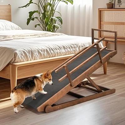 Slsy Dog Ramp for Bed, Foldable Wooden Ramp for Small & Senior Dogs & Cats | 45.2" natural wood ramp has 5 adjustable heights from 15.7" to 23.6", a non-slip rubber mat, and a foldable design for pets.