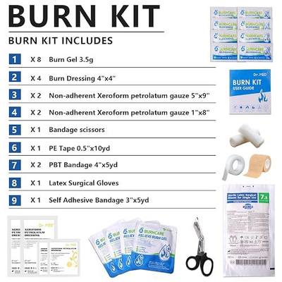 Dr.Med Burn Kit, 4pcs Burn Dressings 4x4”, 8pcs Burn Gel 3.5g, 4pcs Non-Adherent Xeroform Petrolatum Gauze, Burn First Aid Cooling Soothing Cream with Bandage, Latex Surgical Gloves, Scissors, Tape