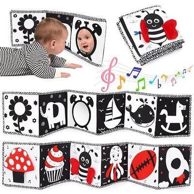 Black and White High Contrast Toys for Baby 0-3 3-6 months Infant Tummy Time Soft Book Sensory Musical Toy 0-2-4-6 month Babies Brain Development Crinkle Book Mirror Newborn Shower Gifts Boys Girls