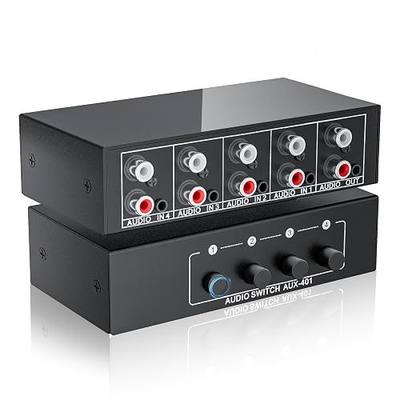 4-Way RCA L/R & 3.5mm Stereo Audio Switcher Bi-Directional Switch Selector | 4 in 1 out passive a/b Analog Stereo Audio Switcher Selector 1 in 4 out Audio Splitter Only one output plays at a time