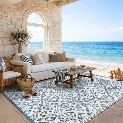 Lahome Patio Rug 6x9 Deck Rugs Outdoor Waterproof for Outside, Plastic Straw Rug Reversible Rv Mat,Large Portable Porch Floor Camping Carpet for Balcony Tent, Blue & White 6x9