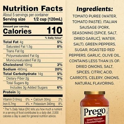 Prego Sweet Sausage and Roasted Peppers Pasta Sauce, 23.5 OZ Jar (Case of 6) (Pack of 2)