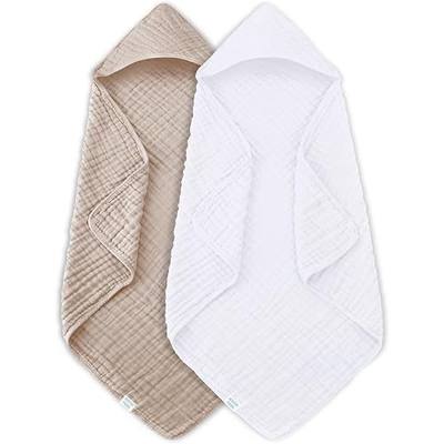 MOON PARK 2 Pack Muslin Hooded Baby Bath Towels for Newborns, Infants, Toddlers - 100% Cotton - Large 32x32Inch Size - Highly Absorbent and Essential, White and Brown