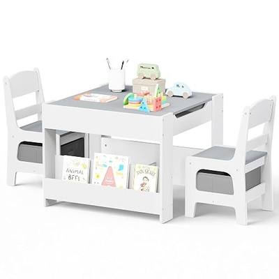 Kinder King Kids Wood Table & 2 Chairs Set, Blackboard, Grey & White | Storage, Children Activity Table, Studying, Drawing, Toddler Furniture Set for Playroom, Classroom, Daycare, Home, 3 Years+