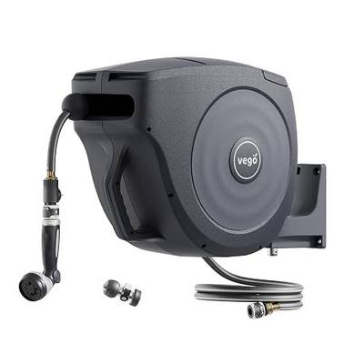 Vego Garden Hose Reel Retractable Hi-Flow Wall Mounted Hose Reel Automatic Rewind, Any Length Lock with 9 Patterns Sprayer Nozzle, Quick Connector and Adjustable shot Nozzle (Tidepool Blue, 100ft)