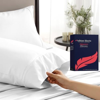 Ashton Sheets 100% Egyptian Cotton Pillow Cases King Size Set of 2 - Luxury 1200 Series Signature Collection King Size Pillow Cases (White), Cooling Sateen Weave Hotel Collection Pillowcases
