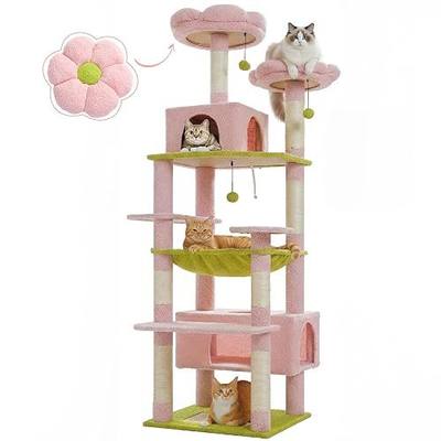PAWZ Road Flower Cat Tree 72" Cat Tower with Condos&Hammock for Large Cats | cute cat tree in pink&green, 20"×16" hammock for adult cats, 7 scratch posts + pad, dual condos&perches for multi-cats