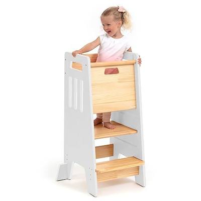 Toddler Tower with Sliding Door - 3 Adjustable Heights - 2026 Design White | Non-slip strips on the steps, padded support feet and thick wooden panels make it safe to use in the kitchen and bathroom