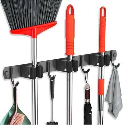 Mop and Broom Holder Wall Mount, Upgraded Broom Hanger Wall Mount, Stainless Steel Broom Organizer for Closet Garage Laundry Room Kitchen Wall Decor(3Racks 4Hooks Black)