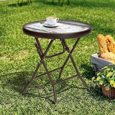 Foldable Side Table with Tempered Glass Top 18" Outdoor Folding Side Table Small Glass Patio Tables for Porch Yard Balcony Deck Lawn Dining Garden (Brown)