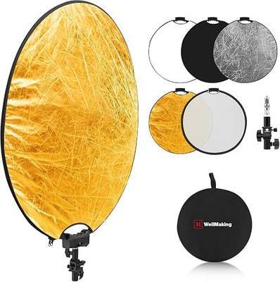 WELLMAKING 32'' Reflector Photography with tilt Adapter for Studio Outdoor | 80cm 5-in-1 Light Reflector, Foldable with Carrying Bag, Portable Setup, Premium Coating, Translucent Silver Gold White Black