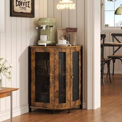 Coffee Bar Cabinet, 3-Tier Corner Coffee Cabinet with Storage Shelf | 18.7-Inch Countertop: Three storage tiers and two magnetic doors keep coffee machines and accessories organized in corners.