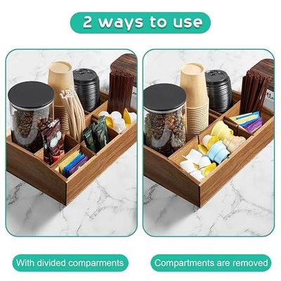 ALELION Acacia Wood Coffee Station Organizer for Countertop - 7 Compartments Coffee Bar Accessories and Organizer with Removable Dividers - Coffee and Tea Condiment storage Organizer