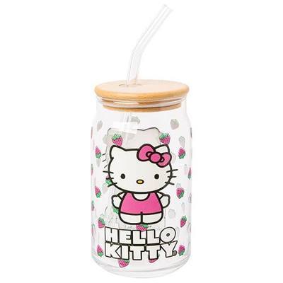 Silver Buffalo Sanrio Hello Kitty Strawberry Glass Jar Tumbler with Bamboo Lid and Glass Straw, 16 Ounces