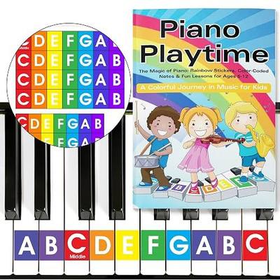 QMG Rainbow Color Piano and Keyboard Sticker and Kids Piano Learning Book Easy to Follow Instructions for Kids, Beginner Piano Book for Children, Easy Piano Sheet Music for Kids