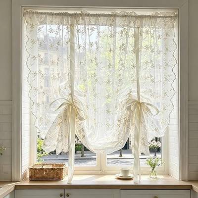 Beige Romantic Little Floral Woven Lace Tie Up Balloon Curtain for Kitchen | Liftable Tier Roman Blind Scallop Edge Lace Cafe Curtain Victorian Drapes for Small Window Balcony Doorway Rod Pocket