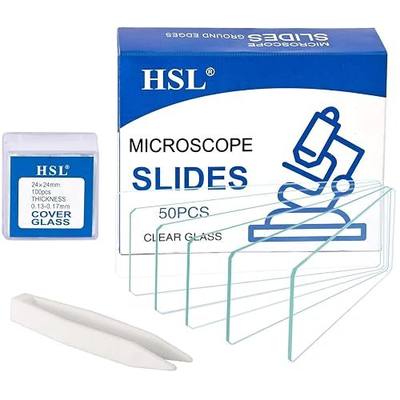 HSL Microscope Slides and Covers,24x24mm Square Cover Glass 100pcs and 50cps Blank Ground Edge Glass Slides for Monocular Binocular Trinocular Microscope lab coverslips Cover Slips Kids Adults.