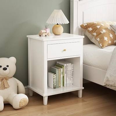 Nightstand with Drawer for Kids, Adults, Wood Bed Side Table with Storage Shelf, Night Stand for Bedroom, 2-Tier Storage End Table for Living Room, White