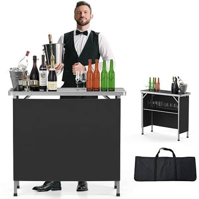 VINGLI Portable Bar Table, 2-Tier Shelves, Mobile Bar Table for Events, Party, Camping, Picnic, Tradeshow, Indoor with Black Skirt, 39 "L x 34" H