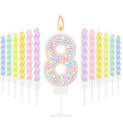 MTLEE Number 8 Birthday Candle with 12 Pcs Spiral Candles for Girls Macaron Pastel Rainbow Unicorn Pink Cake Topper for Sweet Theme Party Decoration